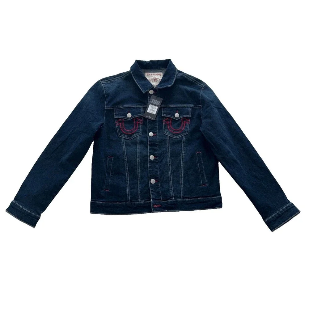 True Religion Men’s Dark Hawk Denim Trucker Jacket Size S Horseshoe Logo NWT